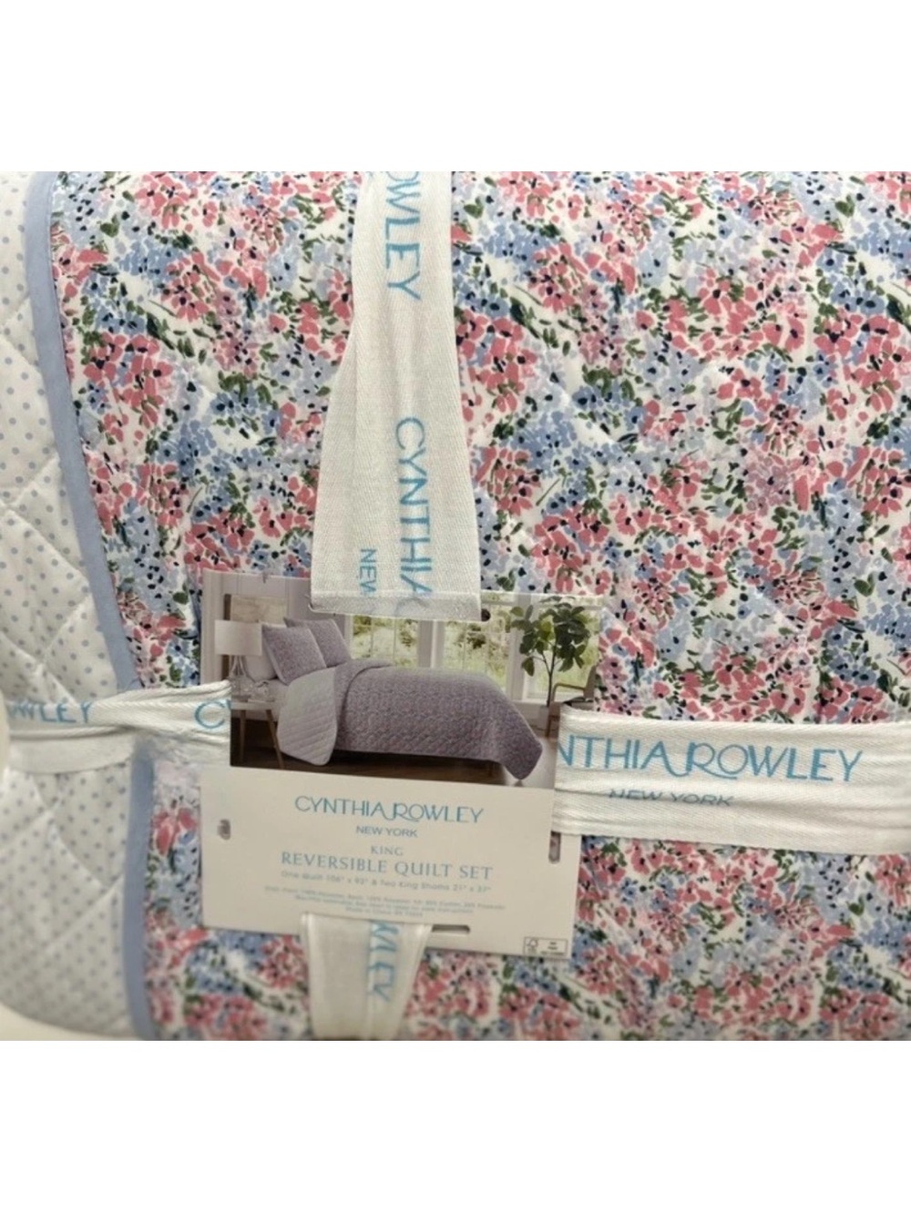 Cynthia Rowley Pink, White and Blue Floral King Quilt Set 106”x92”
